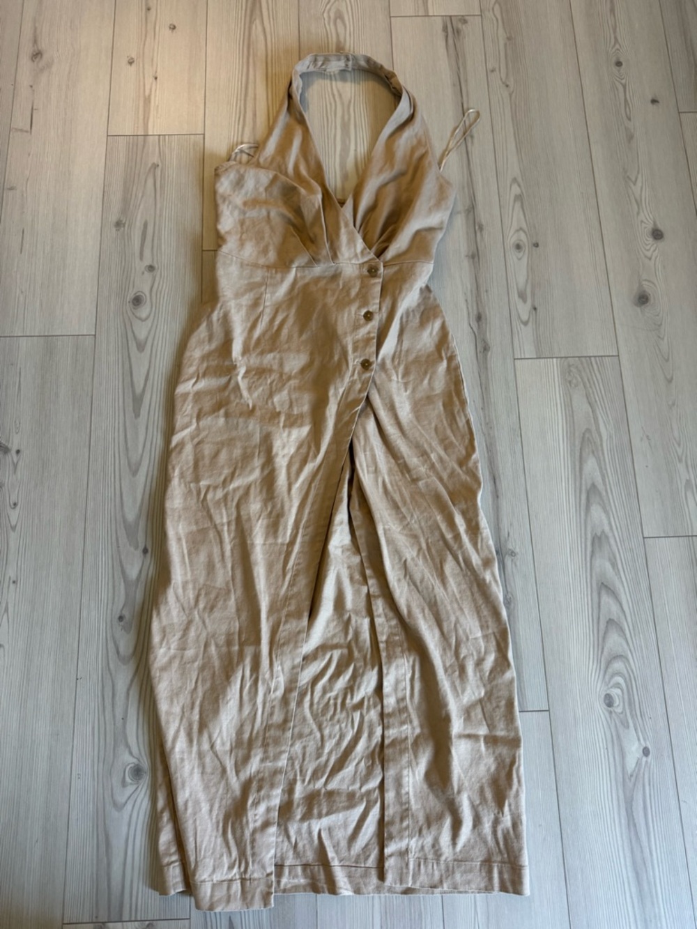 Anthropologie Beige Halter Front-Button Maxi Dress